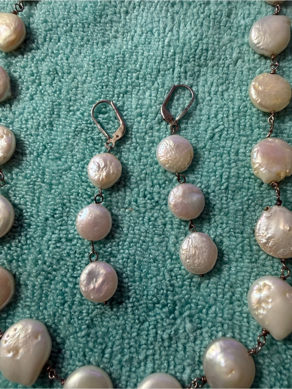 Freshwater Coin Pearl Drop Earrings and Necklace Set - White Pearlescent